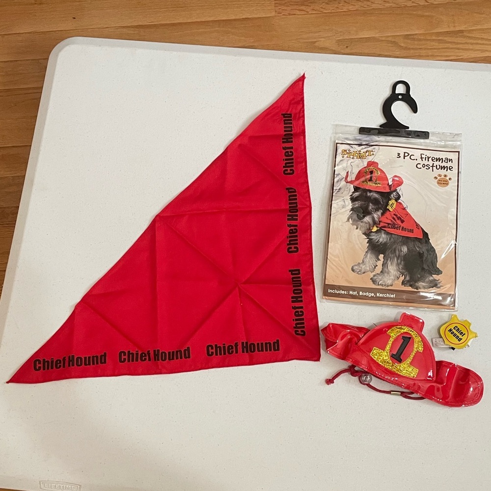 Spirit Halloween 3 Piece Fireman Dog Costume Hat Badge Kerchief